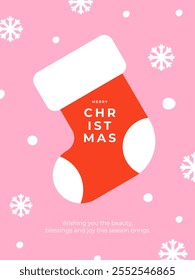 Merry Christmas greeting banner, card, poster, cover with Christmas stocking and snowflakes on pink background in modern  simple geometric flat style for season greetings, ads, sales, print.