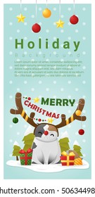 Merry Christmas Greeting banner with cat wearing reindeer costume , vector , illustration