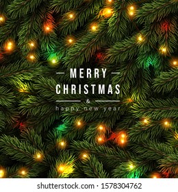 Merry Christmas greeting banner with Chrirstmas decor fir twigs and confetti, vector illustration.