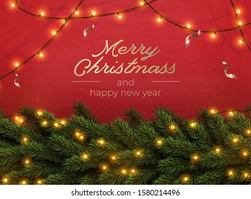 Merry Christmas greeting banner with Chrirstmas decor fir twigs and confetti, vector illustration.