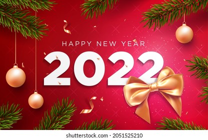 Merry Christmas greeting banner with Chrirstmas decor fir twigs and confetti, vector illustration.