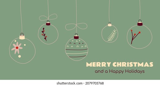 Merry Christmas greeting banner with cute hand drawn hanging balls. Xmas and New Year card. Vector cartoon illustration
