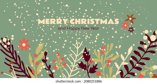 Merry Christmas greeting banner with cute winter plants and snow. Xmas and New Year card, invitation, background. Vector cartoon illustration