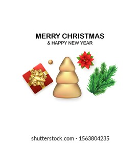 Merry Christmas greeting banner. Flat Top view, red Poinsettia Star flower, Gift Box, Gold Christmas Tree, fir branch, Xmas ball isolated on white. Shiny glittering signs for New Year, Noel. 3D Vector