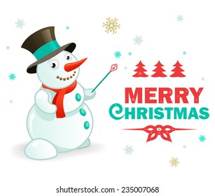 Merry Christmas Greeting Banner. Funny Snowman with magic wand on white