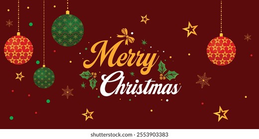 Merry Christmas Greeting Banner with Hanging Ornaments, Golden Stars, and Red Baubles. Festive Xmas Poster with Sparkling Winter Elements for Holiday Celebrations. Social media post. horizontal banner