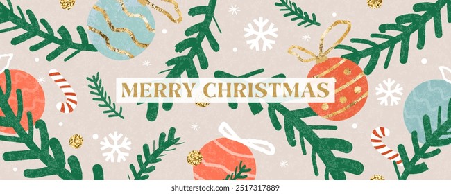 Merry Christmas greeting banner. Modern Xmas art design with spruce branches, Christmas tree balls, snowflakes and glitter. Postcard, poster, flyer, mock up, cover in simple flat style