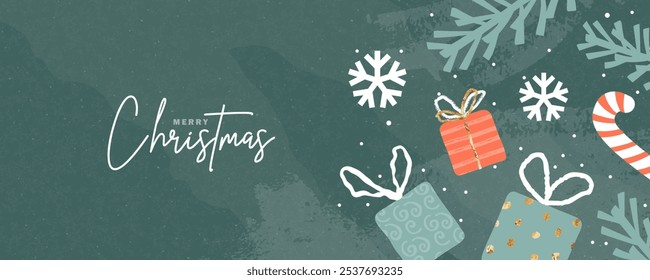 Merry Christmas greeting banner. Modern Xmas art design with spruce branches, gift boxes, snowflakes and candy cane. Postcard, poster, flyer, advertising signboard, cover in simple flat style.