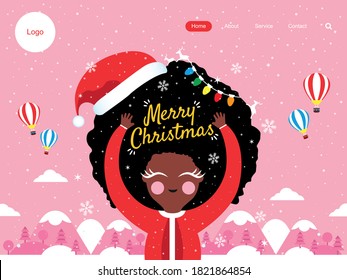 Merry christmas greeting banner, party invitation, landing page or greeting post card with black cute girl wearing santa claus hat