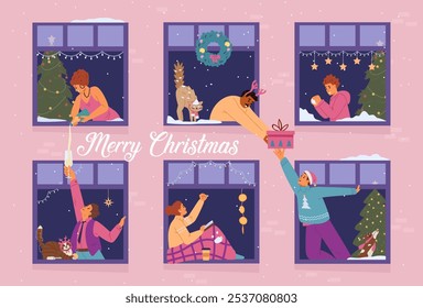 Merry Christmas greeting banner with people in windows celebrating flat vector illustrations. House facade with neighbors in windows communicating.