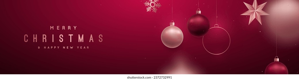 Merry Christmas greeting banner. Realistic Rose gold and Red Christmas balls, star and snowflake handing on Red background. Luxury horizontal backgdrop. 