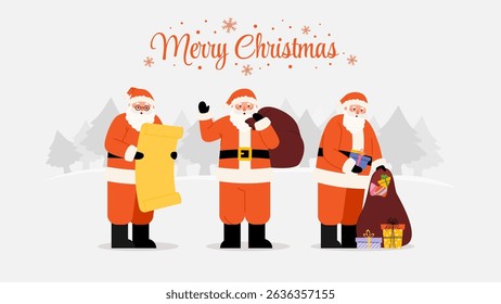Merry Christmas greeting banner with Santa Claus with bag present, wish list. Old mans stand read paper letter and preparing gift boxes. Vector holiday background