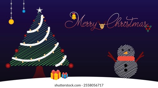 Merry Christmas greeting banner with sketchy lines vector like Christmas tree and snowman Calligraphy text Christmas bell Deer illustration Cherry design Light decoration Gift element Furry design .