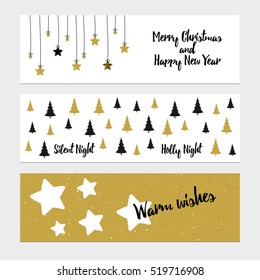 Merry Christmas greeting banner with christmas tree and stars