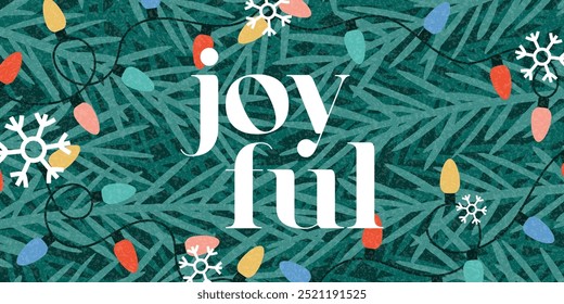 Merry Christmas greeting banner. Trendy vector illustration with fir tree branches, light garlands and typography design. Contemporary minimalist New Year banner for card, poster, cover, social media.