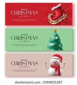 Merry christmas greeting banner vector set. Christmas and happy new year greeting card collection in elegant background for religious holiday celebration greetings design. Vector illustration elegant 