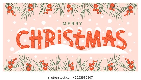 Merry Christmas greeting beautiful design banner. Poster template for winter holidays, lettering Christmas. Vector illustration