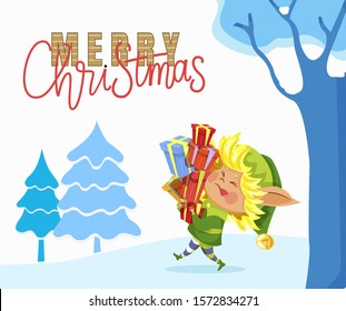 Merry christmas, greeting caption. Elf carrying boxes in hands across forest. Fairy character in green traditional costume. Packages with gifts inside. Vector illustration of wood in flat style