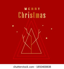 Merry Christmas greeting card 3D. Festive red background with golden christmas tree, triangles and confetti. Vector illustration. Holiday backdrop. Xmas banner. Modern design poster, cover, wallpaper.