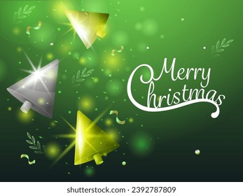 Merry Christmas Greeting Card with 3D Style Xmas Tree Cones and Lights Effect on Green Background.