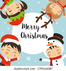 Merry Christmas greeting card. 4 kids in Christmas costume - Elf Reindeer Santa Snowman surrounding by snowflake.