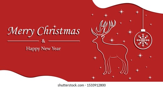 Merry Christmas greeting card. Abstract background. Vector illustration with a deer and Christmas toy. Design for paper, prints, brochure, cover, banners, booklets, business presentations etc.
