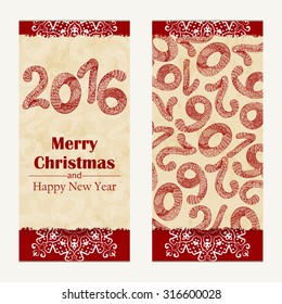 Merry Christmas greeting card. Abstract Happy New Year background.  Hand drawn inscription. Vector illustration