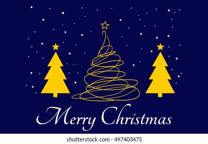 Merry Christmas Greeting Card With Abstract Gold Christmas Tree and Stars