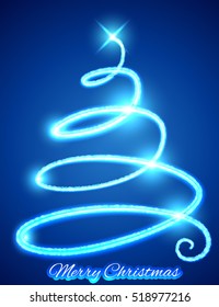 Merry Christmas greeting card. Abstract christmas tree in the form of luminous spirals