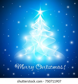 Merry Christmas greeting card with abstract christmas tree from twisted lines with lights