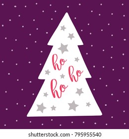 Merry Christmas greeting card with abstract pine tree and snowflakes over purple background. Vector illustration