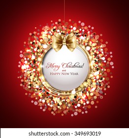 Merry Christmas greeting card against glittering background