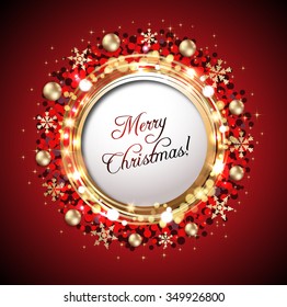 Merry Christmas greeting card against red glittering background