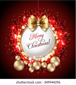 Merry Christmas greeting card against red glittering background