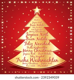 Merry christmas greeting card. All languages. Red and gold starry vector christmas tree.