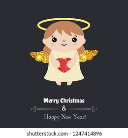 Merry Christmas greeting card with angel. Vector illustration