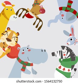 Merry Christmas greeting card with Animals on the Christmas, frame.  Animals Frame.