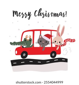 Merry Christmas greeting card with animals going on the bus.  Animals passing on a bus. Crocodile, kitten, rabbit. New Year design. Feliz navidad, Neujahr, Capodanno, le Nouvel an, Ano Novo,新年,新しい年 