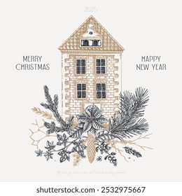 Feliz cartão de felicitações de Natal. Projeto de arquitetura. Decoração de inverno. Ilustração de vetor desenhada à mão na casa europeia. Design floral. NÃO gerado AI