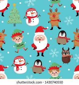 Merry Christmas greeting card background. Santa Claus, deer, snowman, owl, penguin and little elf seamless pattern. Cute holiday cartoon character vector set.