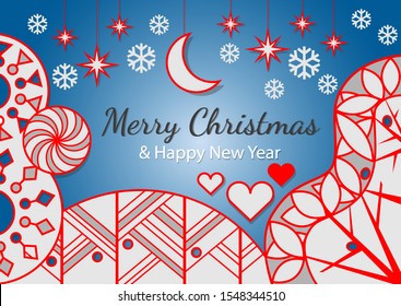 Merry Christmas greeting card or background.  Vector illustration. Drawing composed of stylized objects on a blue background.