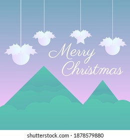 Merry Christmas greeting card With Background  mountain and decoration balls hanging