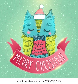 Merry Christmas greeting card background with an owl. Holiday vector illustration
