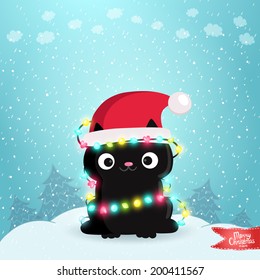 Merry Christmas greeting card background with a black cat. Holiday vector illustration