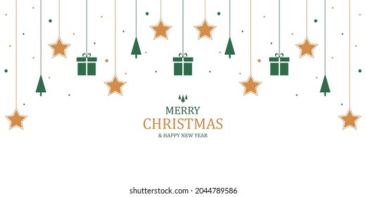 Merry Christmas greeting card. Christmas background with stars and gifts decorations in flat style. Vector illustration. Holiday banner. Xmas backdrop. Modern design poster, cover, wallpaper.