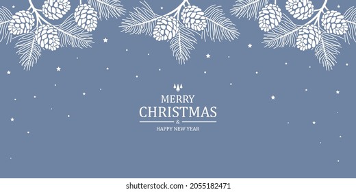 Merry Christmas greeting card. Background with pine branches, cones and stars in flat style. Holiday banner. Xmas backdrop. Vector illustration. Modern design poster, postcard, wallpaper. Stock.