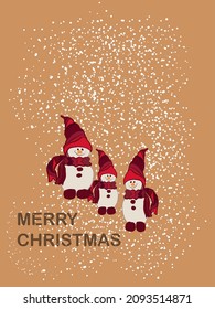 Merry Christmas greeting card. Christmas background with snowmen in red clothes. The inscription "Merry Christmas".