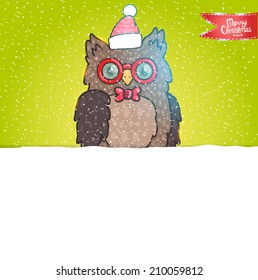 Merry Christmas greeting card background with an owl. Holiday vector illustration 