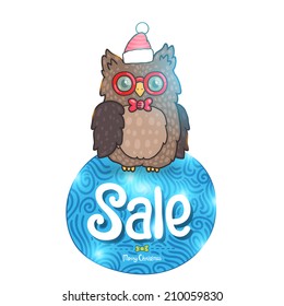 Merry Christmas greeting card background with an owl. Holiday vector illustration 