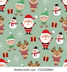 Merry Christmas greeting card background. Santa Claus, deer, snowman and little elf seamless pattern. Cute holiday cartoon character vector set.